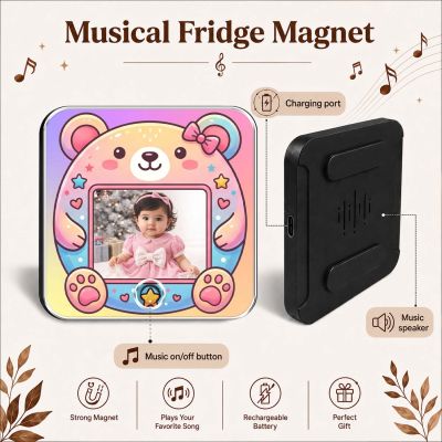 Personalized Cute Bear Musical Fridge Magnet with Speaker  Baby Photo Frame Magnet for Refrigerator  Audio Playback Sound Playing Gift for Kids, Family, Birthday